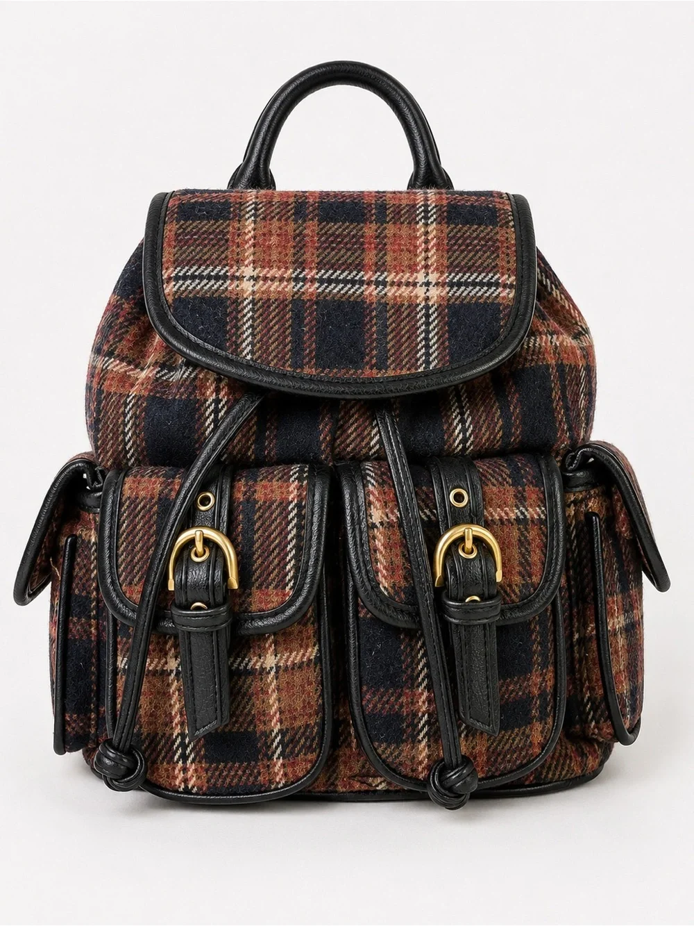 Madden Girl Navy Blue, Tan and Red Plaid Mini Backpack with Gold Hardware